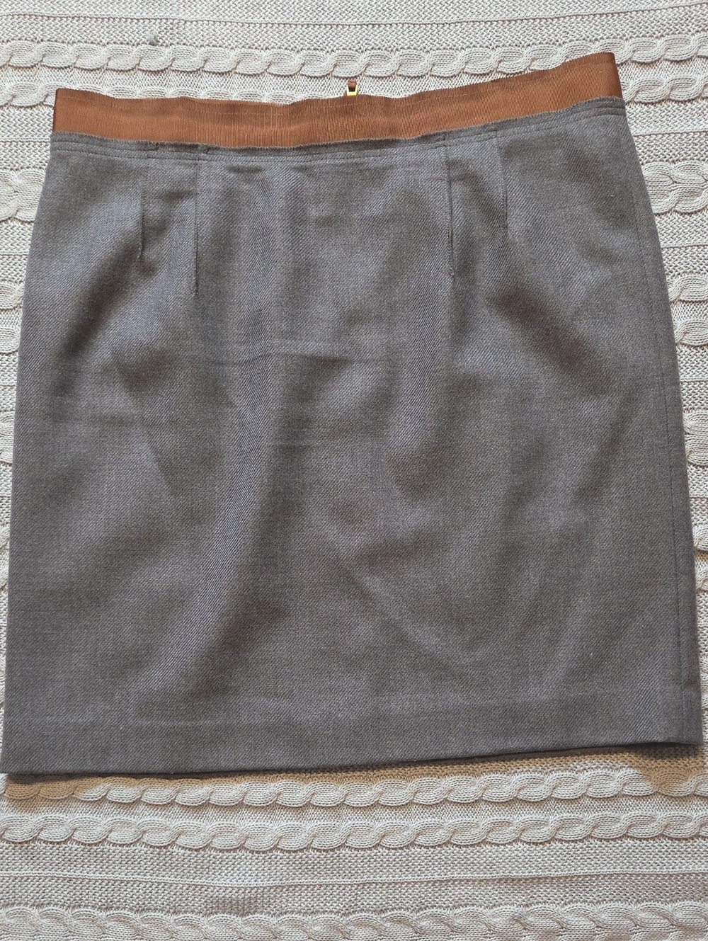 Ann Taylor LOFT Gray Woven Wool Pencil Skirt Brown Ribbon Trim Sz 12